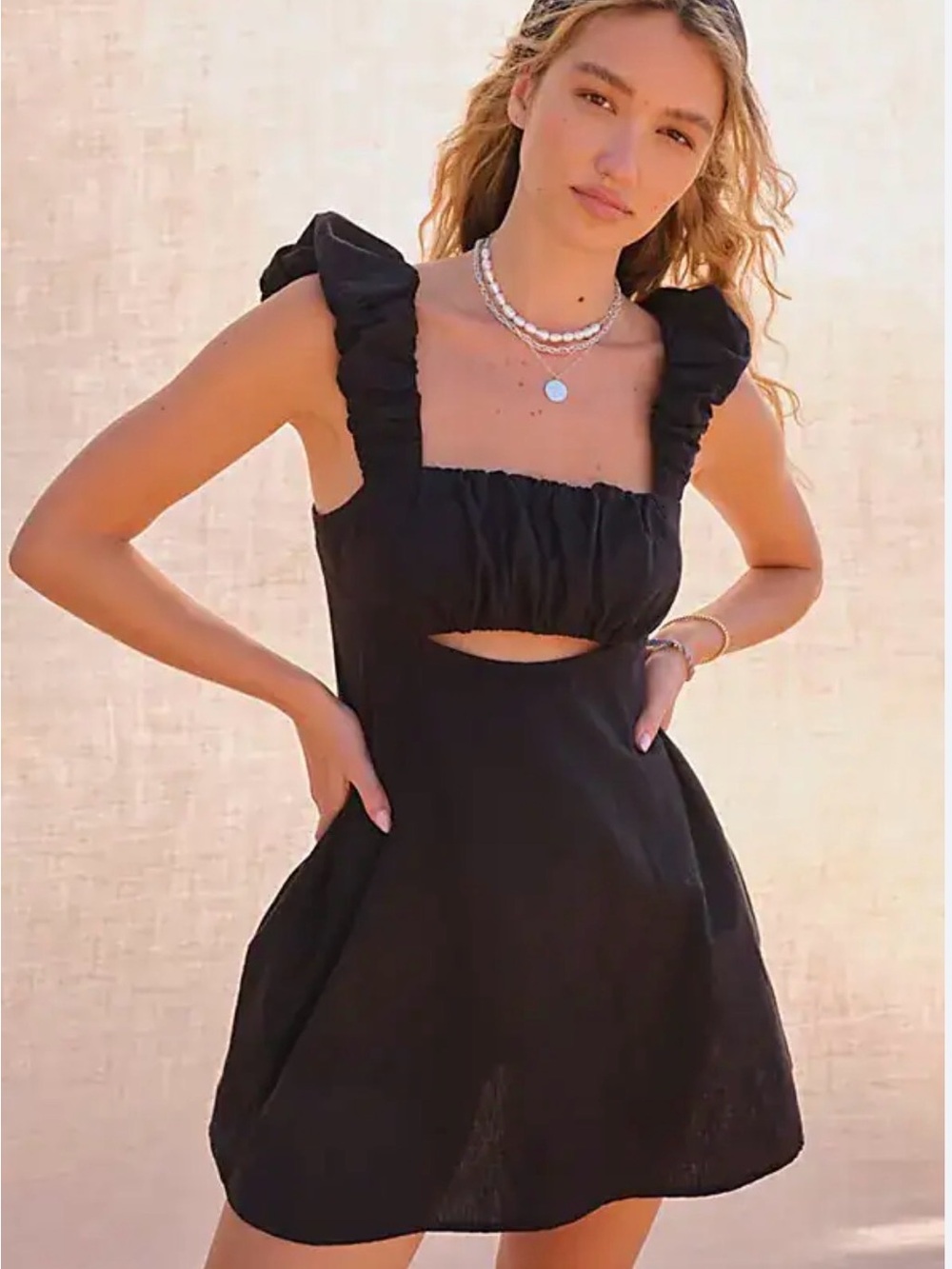 Free People Black Ruffle Strap Mini Dress with Front Cutout